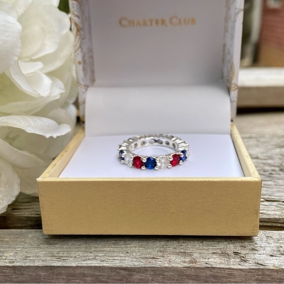 NWT CHARTER CLUB SILVER TONE RED, WHITE & BLUE CUBIC ZIRCONIA RING - 5 - Picture 2 of 7